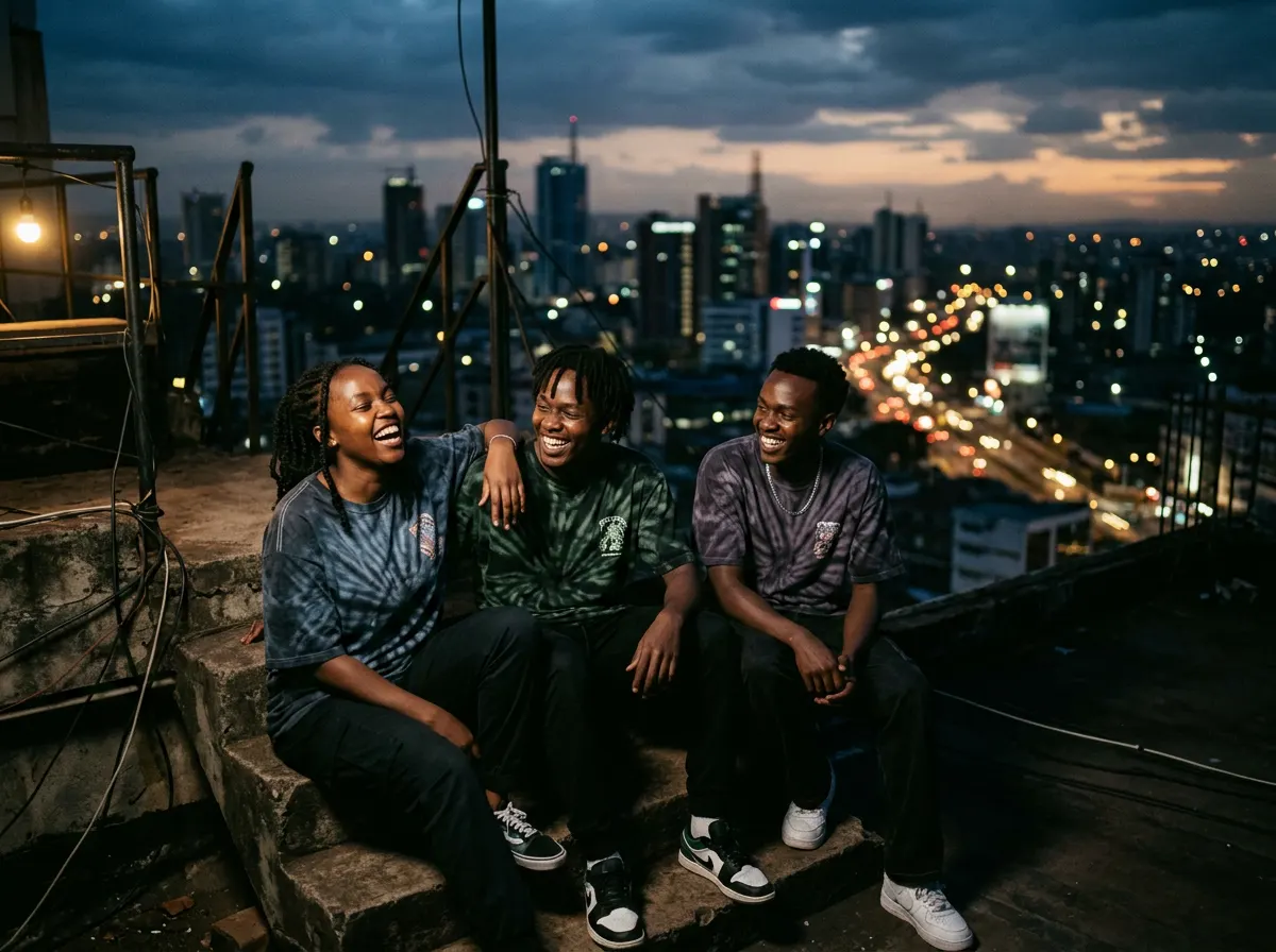 Friends wearing DarkYut tees on a Nairobi rooftop at dusk